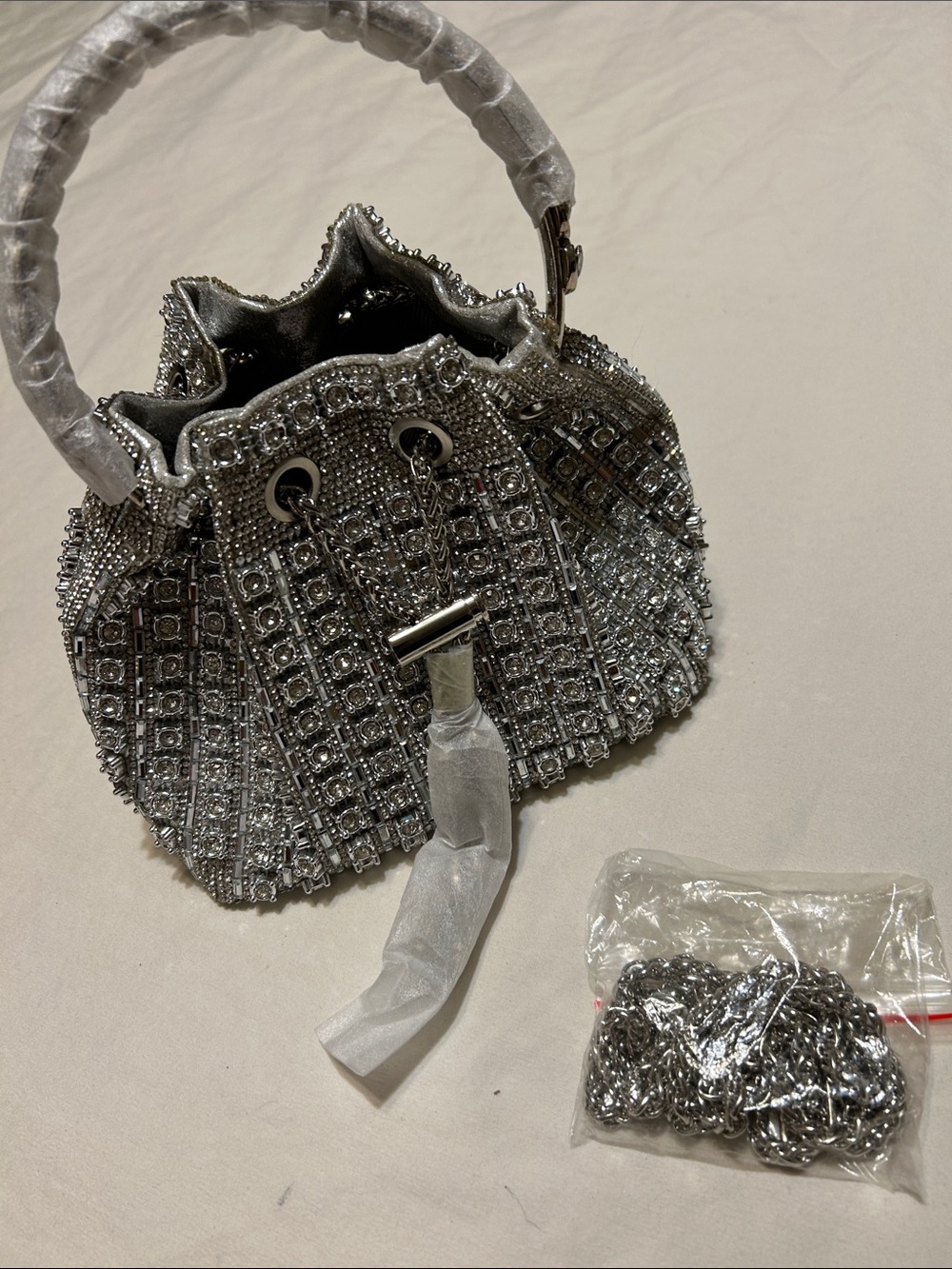 Silver Crystal Drawstring Mini Bag with Top Handle